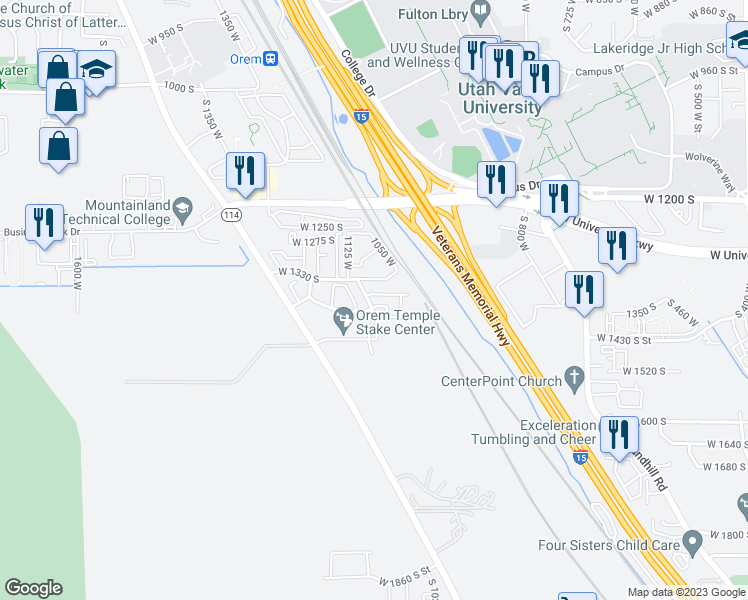 map of restaurants, bars, coffee shops, grocery stores, and more near 1077 West 1360 South in Orem