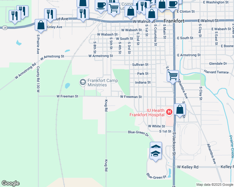map of restaurants, bars, coffee shops, grocery stores, and more near 1052 South 4th Street in Frankfort