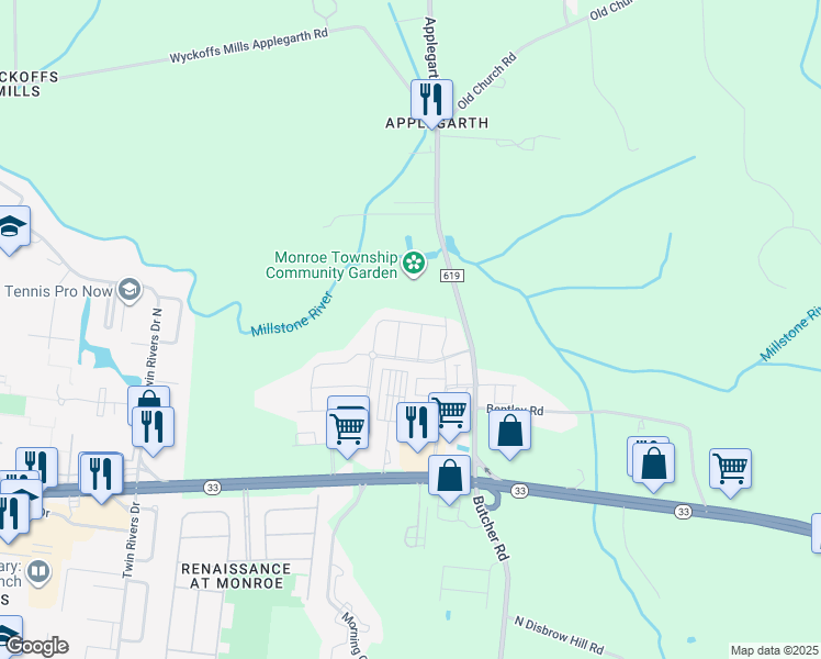 map of restaurants, bars, coffee shops, grocery stores, and more near 12 Lotus Way in Monroe Township