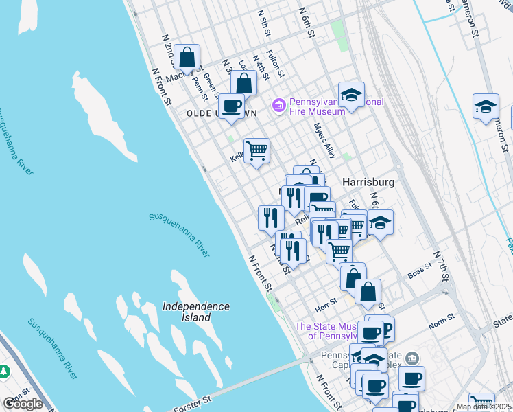 map of restaurants, bars, coffee shops, grocery stores, and more near 1605 North 2nd Street in Harrisburg