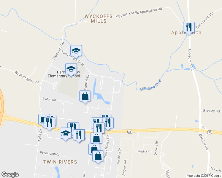 map of restaurants, bars, coffee shops, grocery stores, and more near 683 Ithaca Place in East Windsor