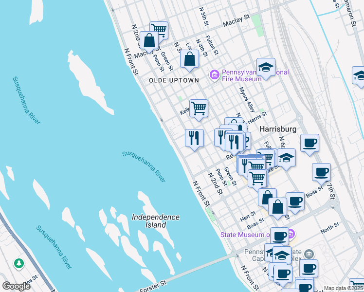 map of restaurants, bars, coffee shops, grocery stores, and more near 1617 North Front Street in Harrisburg
