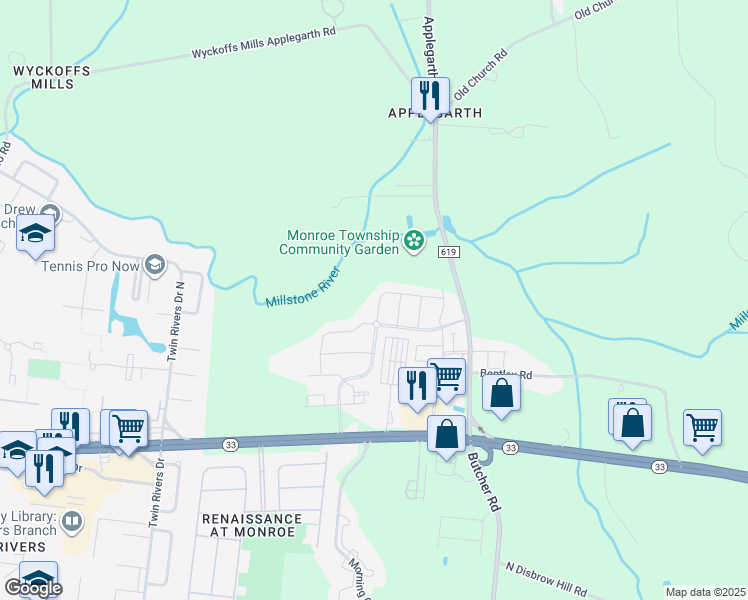 map of restaurants, bars, coffee shops, grocery stores, and more near 8 Periwinkle Drive in Monroe Township