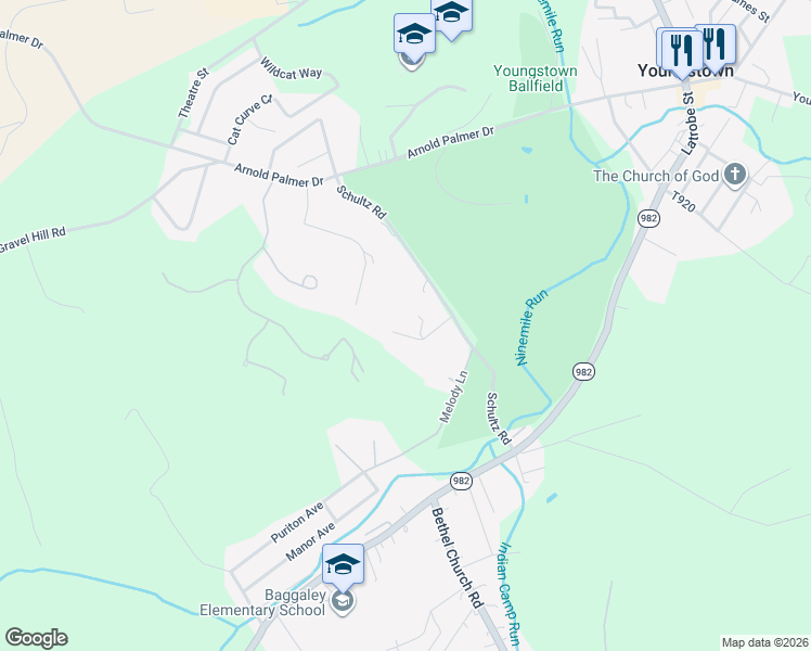 map of restaurants, bars, coffee shops, grocery stores, and more near 206 Apple Hill Drive in Latrobe