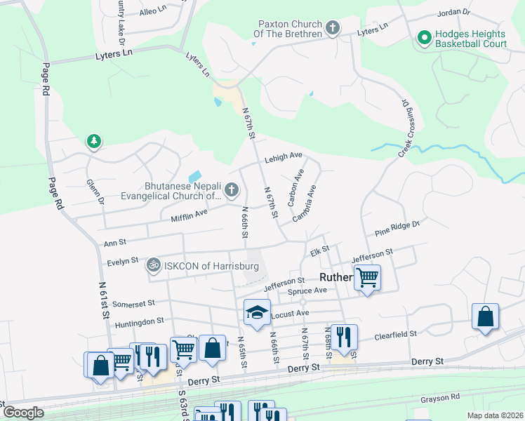 map of restaurants, bars, coffee shops, grocery stores, and more near 6631 Mifflin Avenue in Harrisburg
