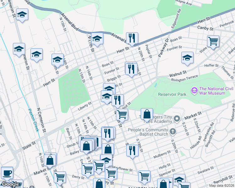 map of restaurants, bars, coffee shops, grocery stores, and more near 1728 State Street in Harrisburg