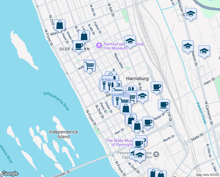 map of restaurants, bars, coffee shops, grocery stores, and more near 1513 North 3rd Street in Harrisburg