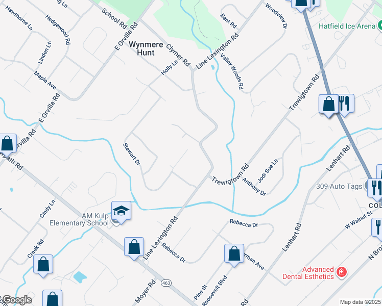map of restaurants, bars, coffee shops, grocery stores, and more near 2241 Stewart Drive in Hatfield