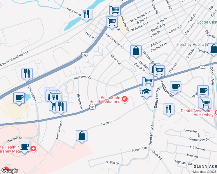 map of restaurants, bars, coffee shops, grocery stores, and more near 1012 Greenlea Road in Hershey