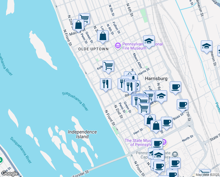 map of restaurants, bars, coffee shops, grocery stores, and more near 204 Harris Street in Harrisburg