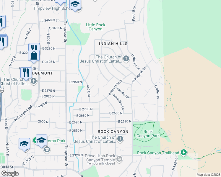 map of restaurants, bars, coffee shops, grocery stores, and more near 2890 Indian Hills Drive in Provo