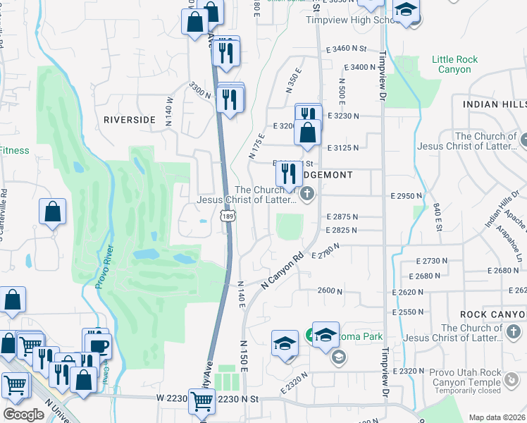 map of restaurants, bars, coffee shops, grocery stores, and more near 2880 North 175 East in Provo