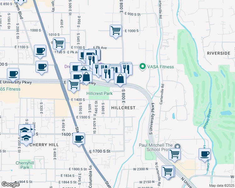 map of restaurants, bars, coffee shops, grocery stores, and more near in Orem