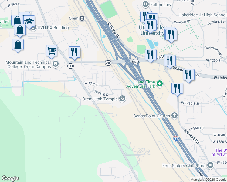 map of restaurants, bars, coffee shops, grocery stores, and more near 1381 South 1110 West Street in Orem
