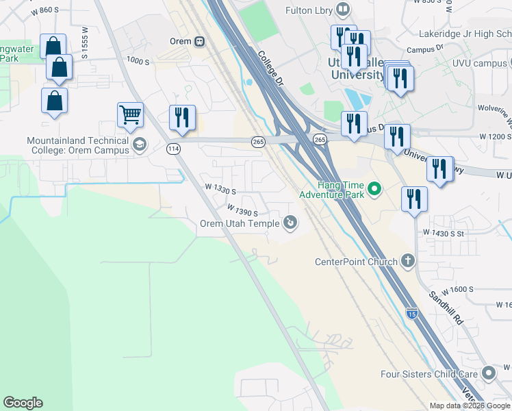 map of restaurants, bars, coffee shops, grocery stores, and more near 1381 South 1110 West Street in Orem