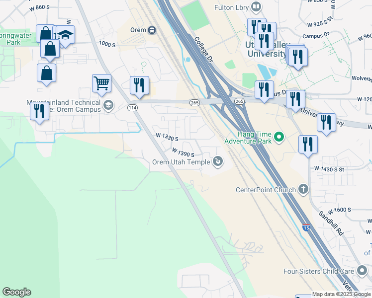 map of restaurants, bars, coffee shops, grocery stores, and more near 1372 South 1150 West Street in Orem