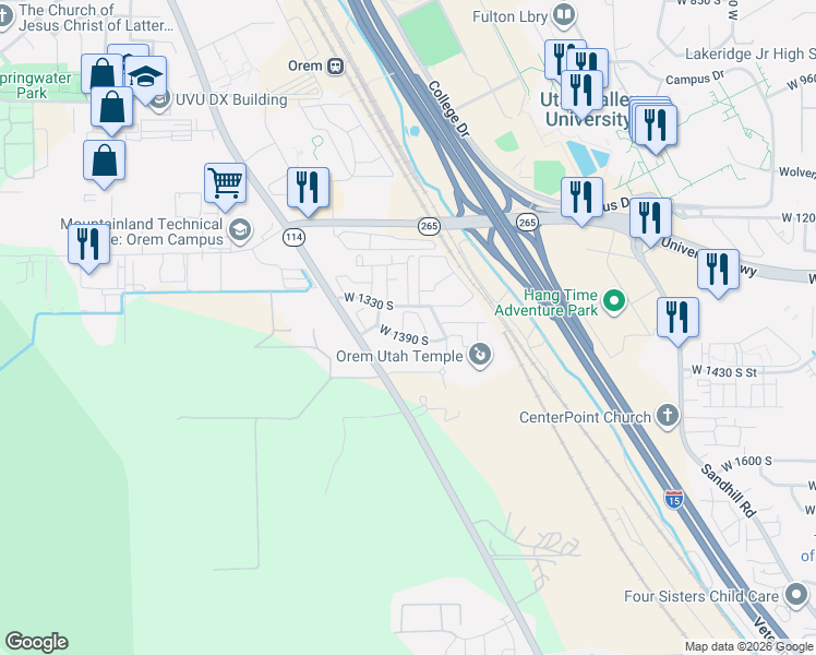 map of restaurants, bars, coffee shops, grocery stores, and more near 1372 South 1150 West Street in Orem