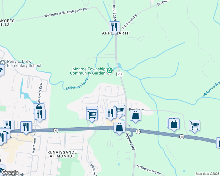 map of restaurants, bars, coffee shops, grocery stores, and more near 12 Lotus Way in Monroe Township