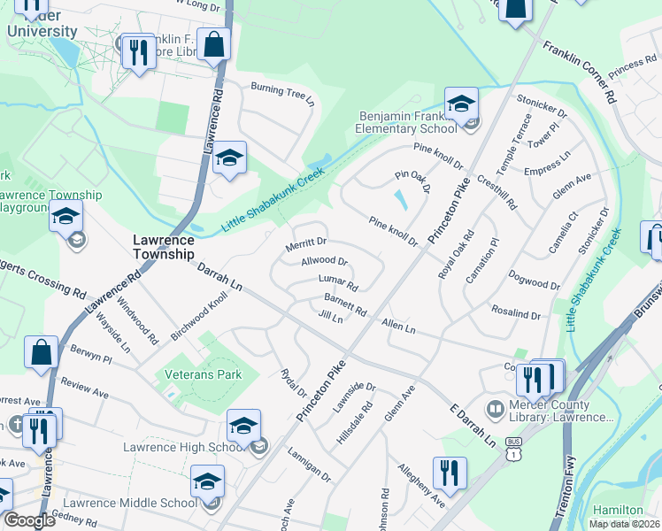 map of restaurants, bars, coffee shops, grocery stores, and more near 16 Lumar Road in Lawrence Township