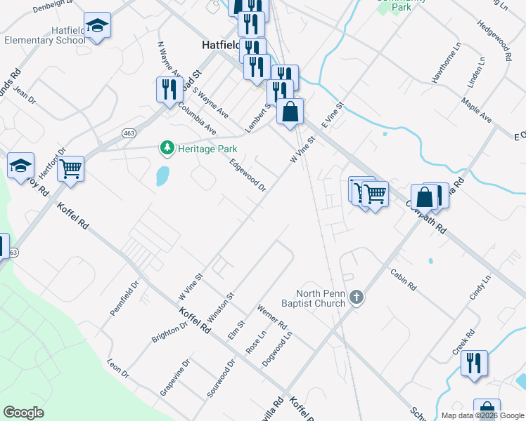 map of restaurants, bars, coffee shops, grocery stores, and more near 328 West Vine Street in Hatfield