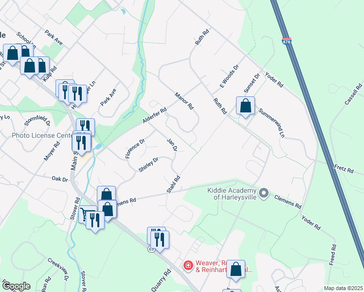 map of restaurants, bars, coffee shops, grocery stores, and more near 254 Jan Drive in Harleysville