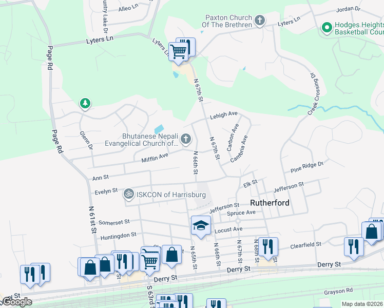 map of restaurants, bars, coffee shops, grocery stores, and more near 580 North 66th Street in Harrisburg