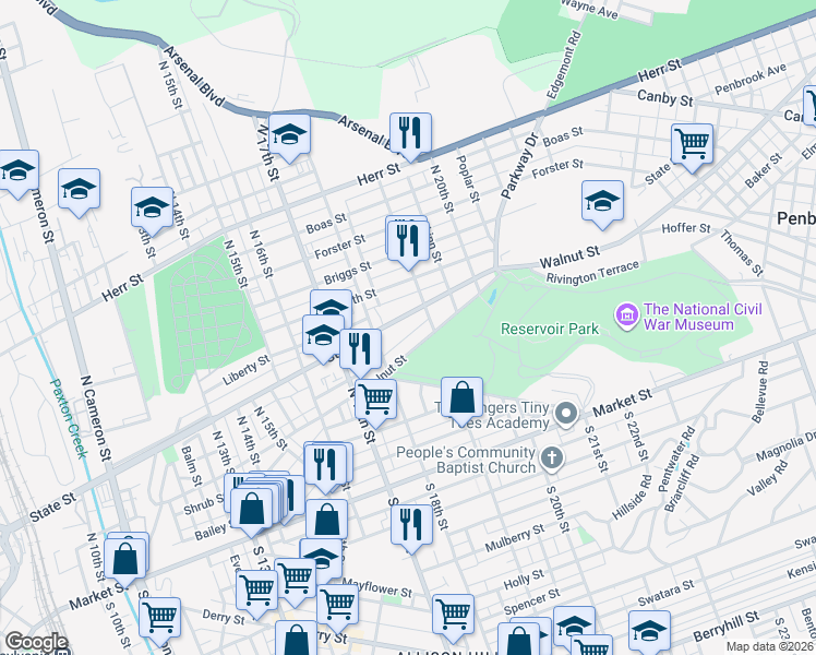 map of restaurants, bars, coffee shops, grocery stores, and more near 1811 State Street in Harrisburg
