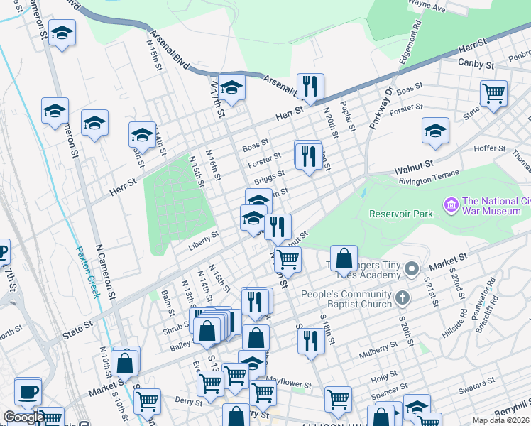 map of restaurants, bars, coffee shops, grocery stores, and more near 1724 State Street in Harrisburg