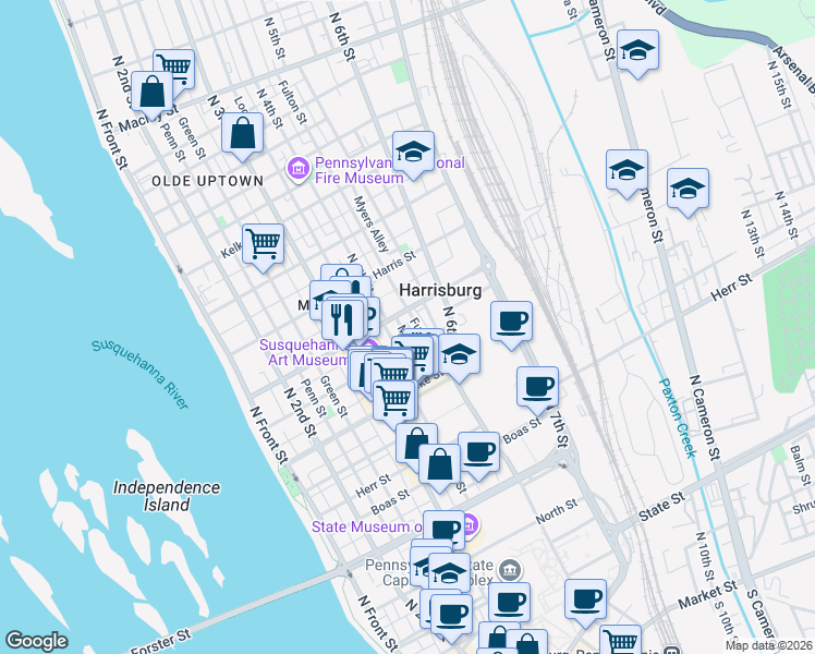 map of restaurants, bars, coffee shops, grocery stores, and more near 349 Reily Street in Harrisburg