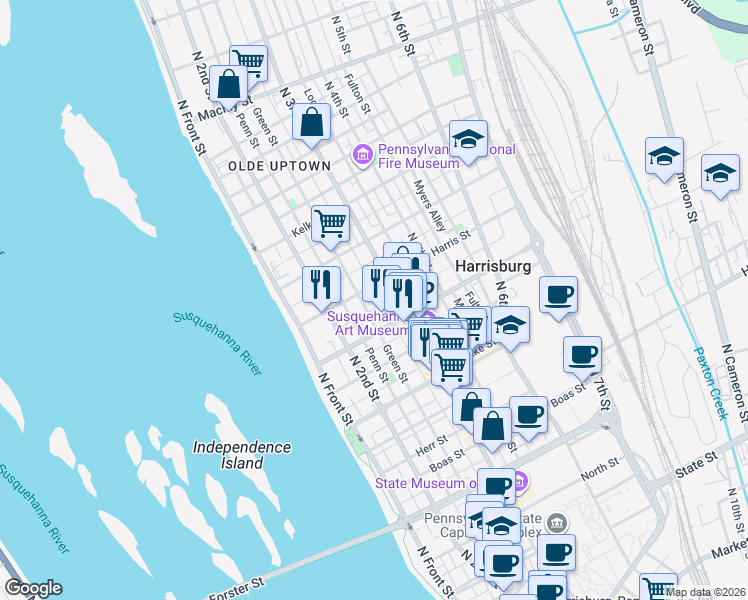 map of restaurants, bars, coffee shops, grocery stores, and more near 1514 Susquehanna Street in Harrisburg