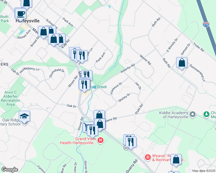 map of restaurants, bars, coffee shops, grocery stores, and more near 310 Deano Way in Harleysville