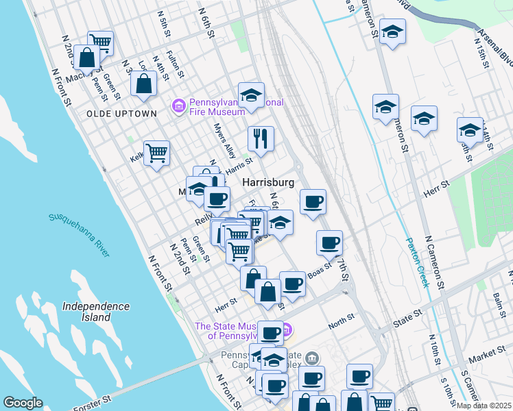 map of restaurants, bars, coffee shops, grocery stores, and more near 1405 Fulton Street in Harrisburg
