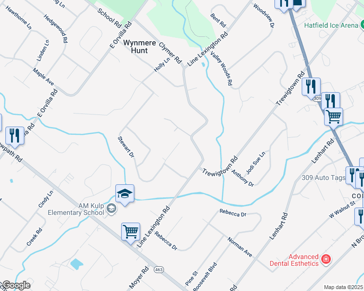 map of restaurants, bars, coffee shops, grocery stores, and more near 2241 Stewart Drive in Hatfield