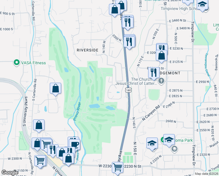 map of restaurants, bars, coffee shops, grocery stores, and more near 3009 North Marrcrest West Drive in Provo