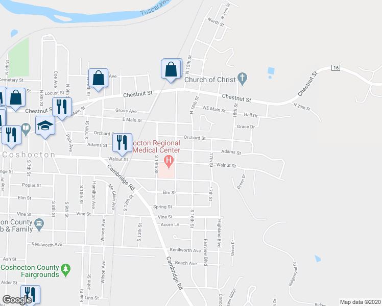map of restaurants, bars, coffee shops, grocery stores, and more near 1547 Adams Street in Coshocton