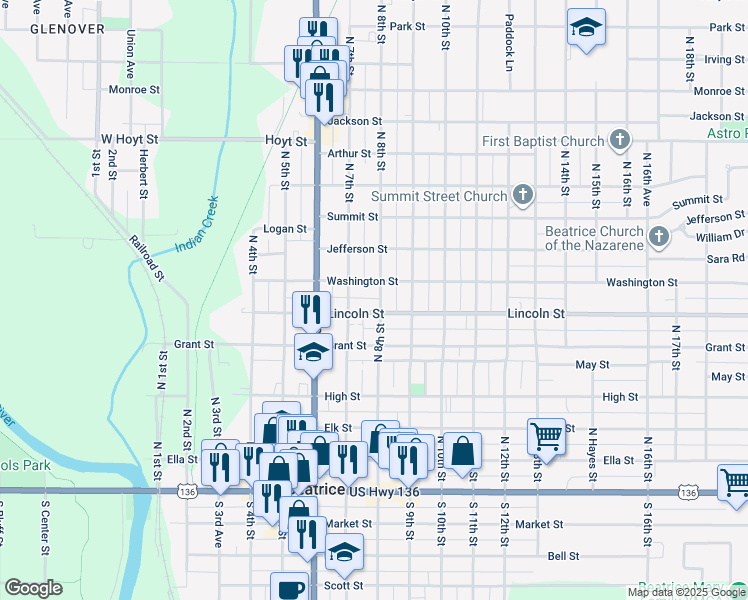map of restaurants, bars, coffee shops, grocery stores, and more near 609 North 8th Street in Beatrice