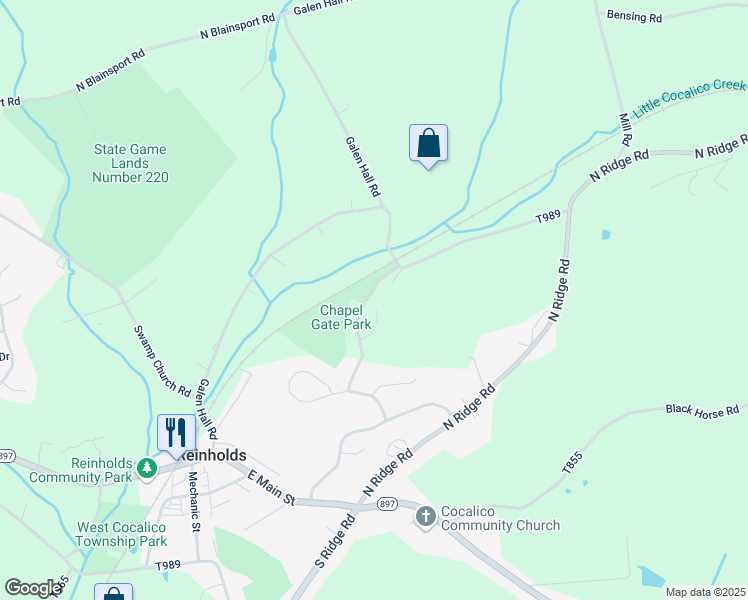 map of restaurants, bars, coffee shops, grocery stores, and more near 38 Highland Court in Reinholds