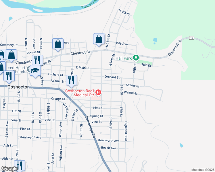 map of restaurants, bars, coffee shops, grocery stores, and more near 1547 Adams Street in Coshocton