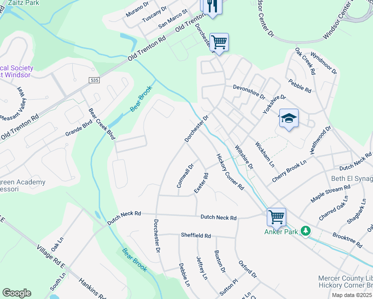 map of restaurants, bars, coffee shops, grocery stores, and more near 182 Dorchester Drive in East Windsor