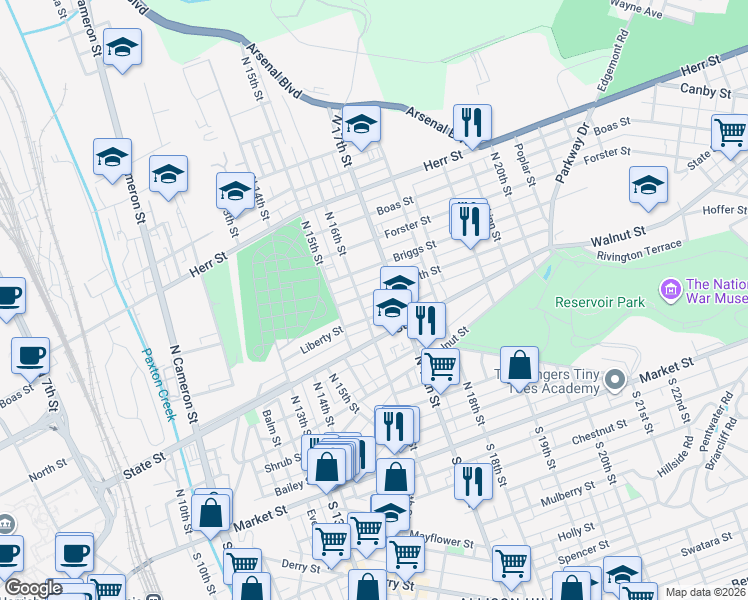 map of restaurants, bars, coffee shops, grocery stores, and more near 1624 Liberty Street in Harrisburg