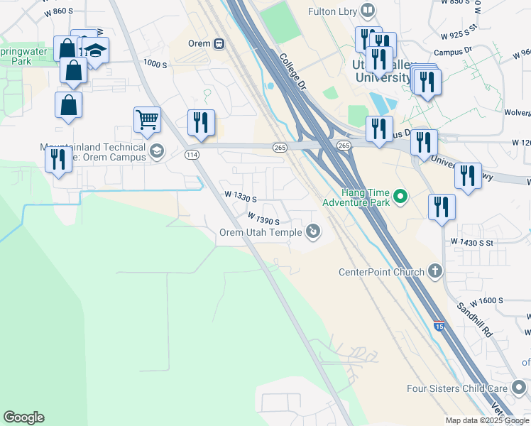 map of restaurants, bars, coffee shops, grocery stores, and more near 1363 South 1150 West Street in Orem