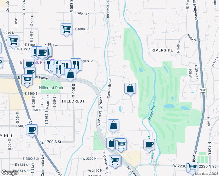 map of restaurants, bars, coffee shops, grocery stores, and more near 1360 South Carterville Road in Orem