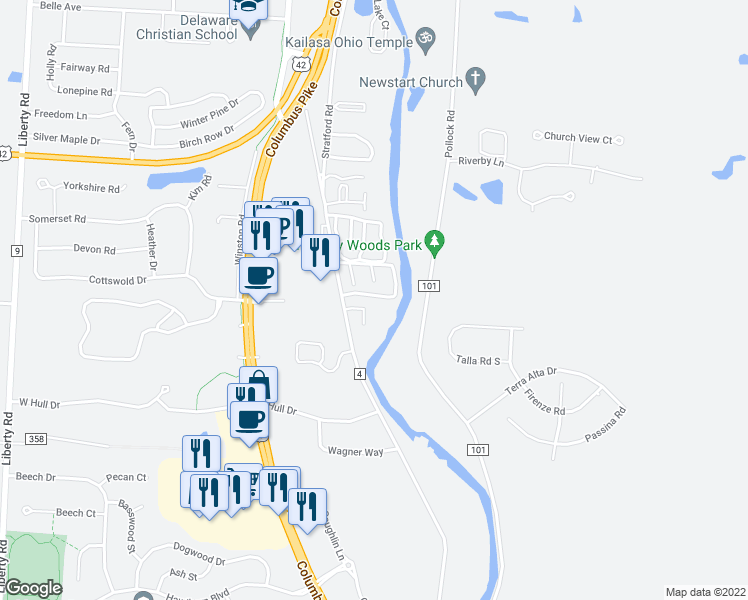 map of restaurants, bars, coffee shops, grocery stores, and more near 420 River Oaks Drive in Delaware