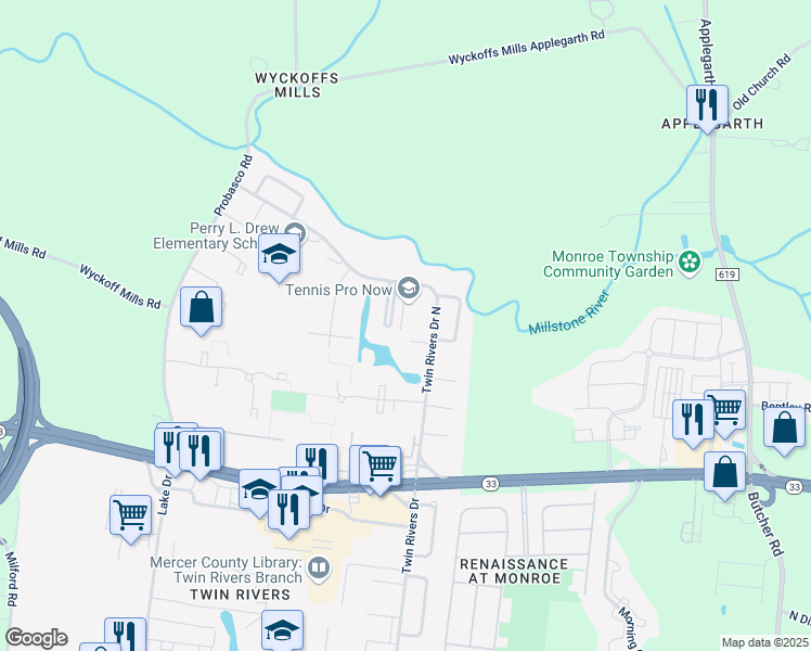 map of restaurants, bars, coffee shops, grocery stores, and more near 683 Ithaca Place in East Windsor