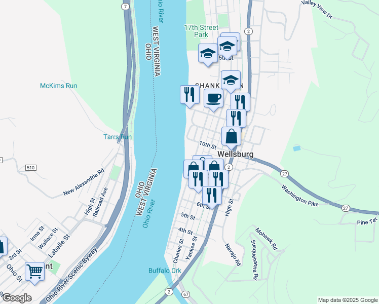 map of restaurants, bars, coffee shops, grocery stores, and more near 915 Main St in Wellsburg