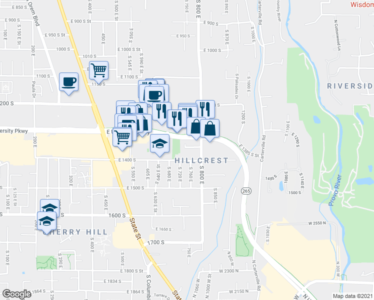 map of restaurants, bars, coffee shops, grocery stores, and more near 1361 South 740 East in Orem