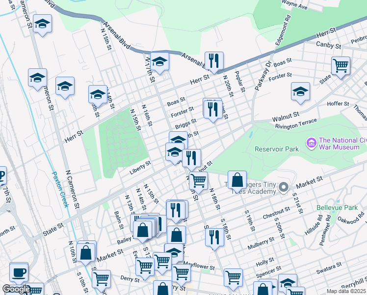 map of restaurants, bars, coffee shops, grocery stores, and more near 1724 State Street in Harrisburg