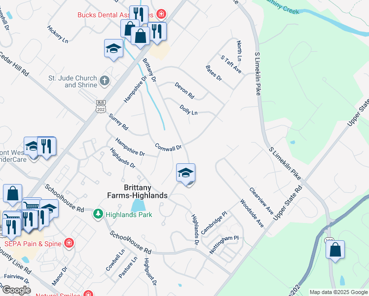 map of restaurants, bars, coffee shops, grocery stores, and more near 143 Brittany Drive in Chalfont