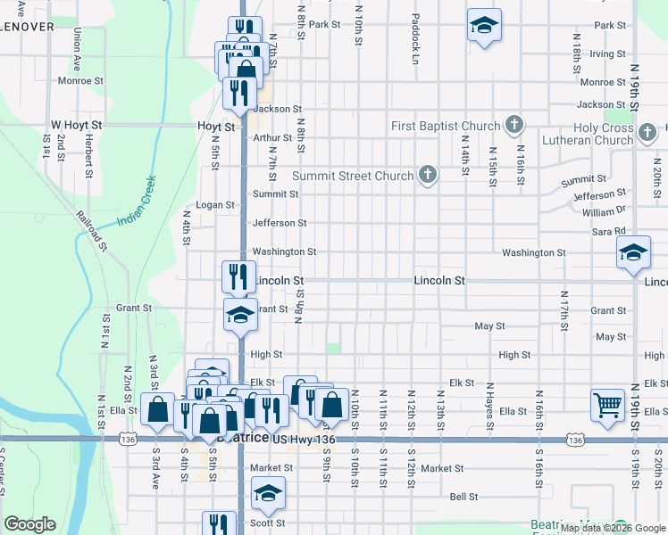 map of restaurants, bars, coffee shops, grocery stores, and more near 610 North 9th Street in Beatrice
