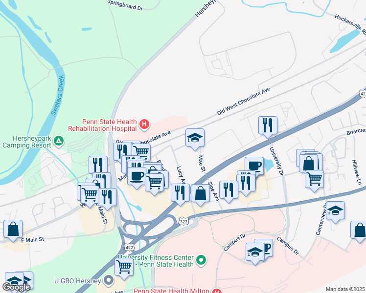 map of restaurants, bars, coffee shops, grocery stores, and more near 951 Sipe Avenue in Hummelstown